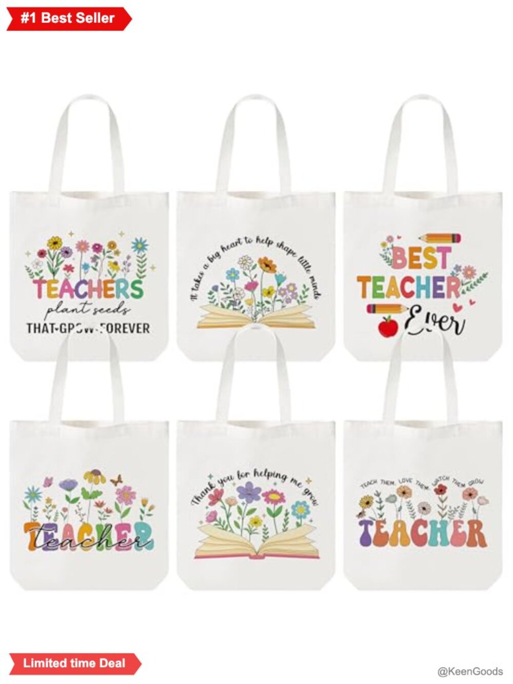 Canvas Tote Bags Set of 6 Teacher Appreciation Gift Reusable Grocery Bags
